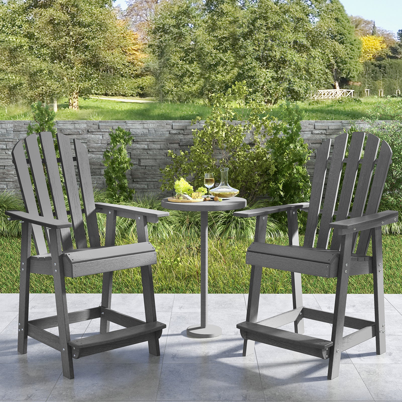 Outdoor HDPE Bar Stool with Armrest Footrest for Garden Poolside-Grey